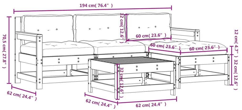 5 pcs conjunto lounge de jardim c/ almofadões pinho impregnado