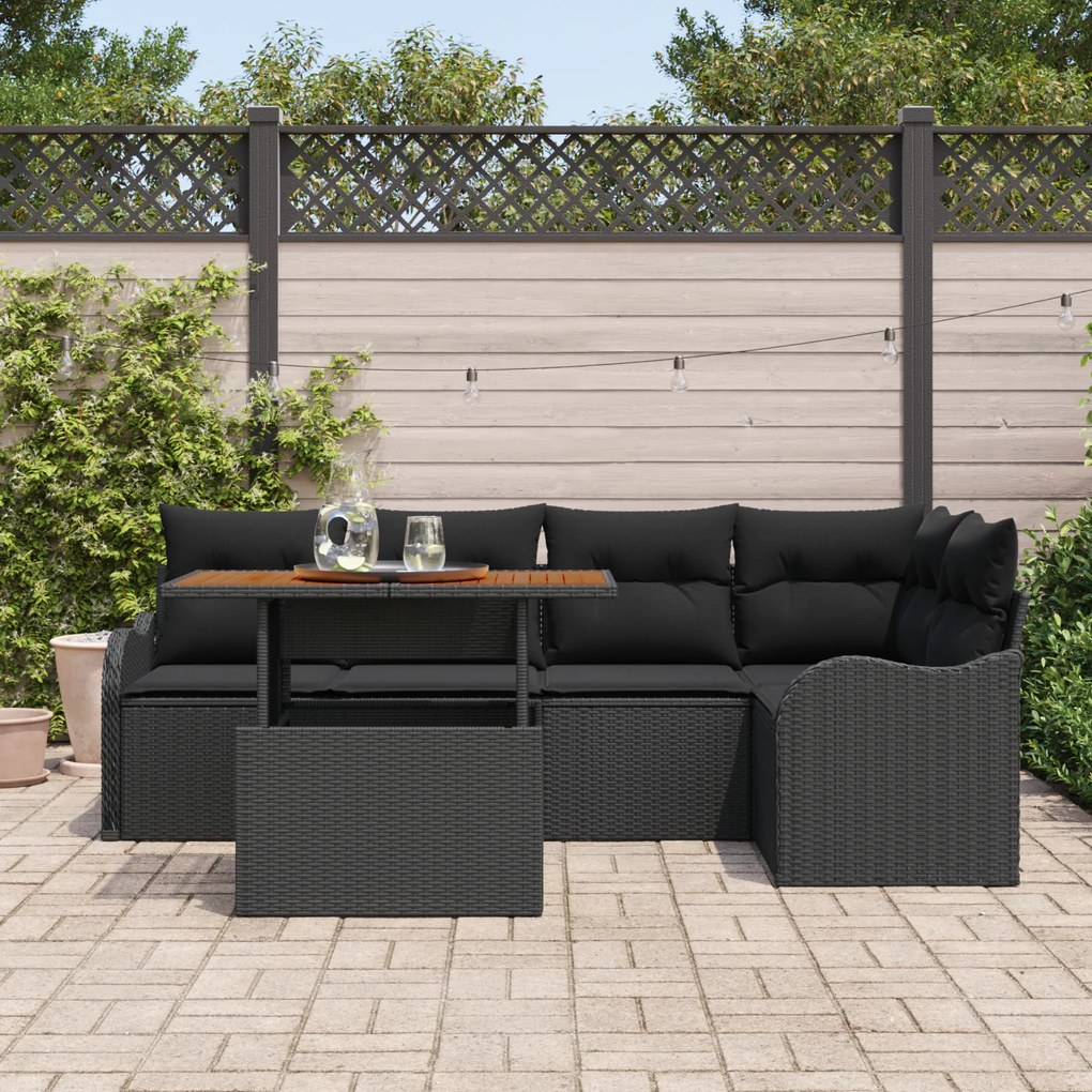 Conjunto de Sofá de Jardim de 6 Peças com Almofadas em Rattan PE Preto