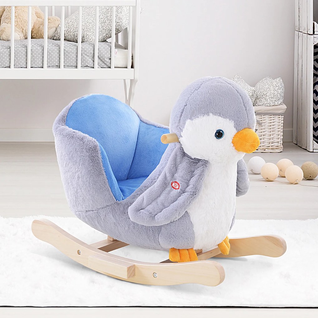 Cavalo Baloiço para Bebés acima de 18 Meses Forma de Pinguim com Músicas Infantis 60x33x50 cm Cinza