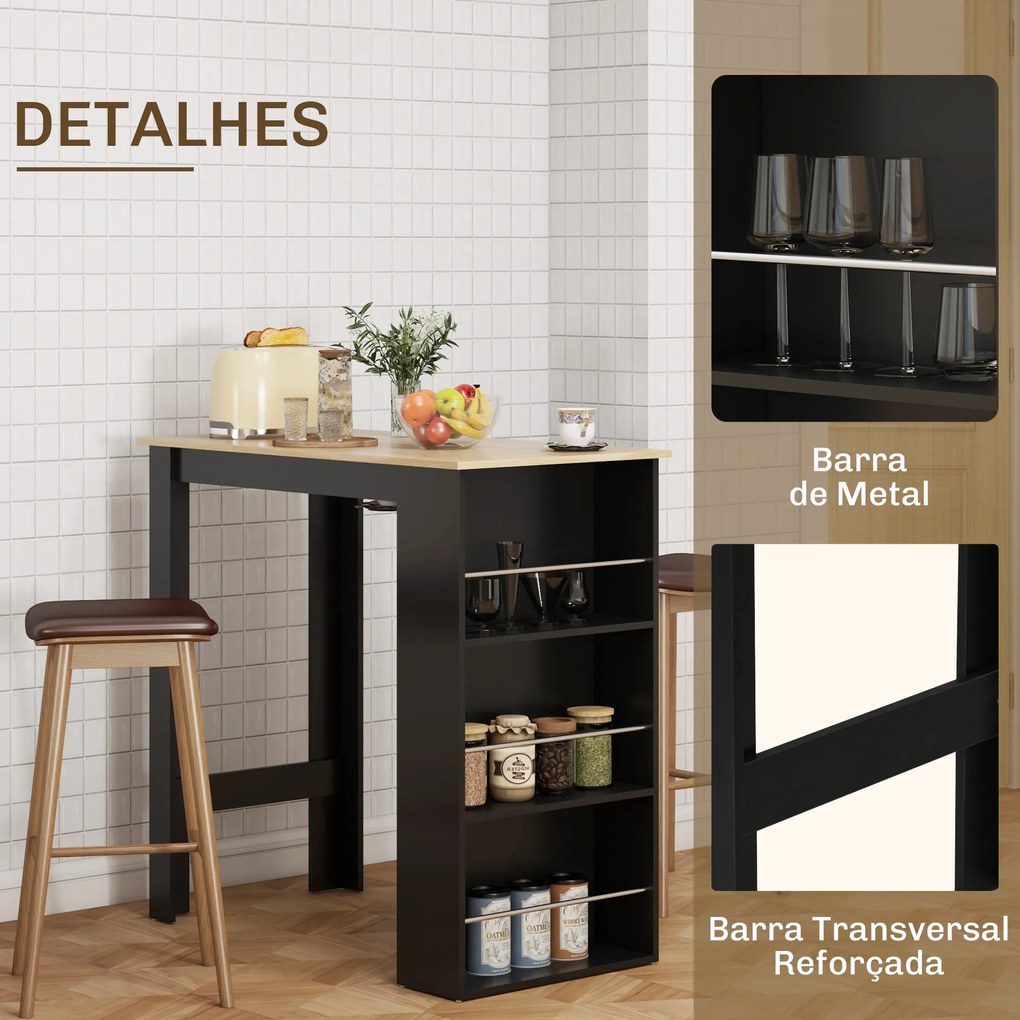 Mesa de Bar com 3 Prateleiras (BANCO NÃO INCLUÍDO) com Suporte Estilo Moderno para Cozinha Sala de Jantar 112x57x106 cm Preto e Madeira