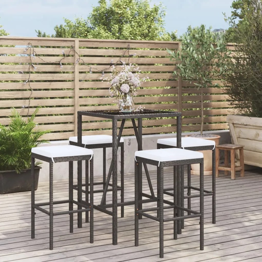vidaXL 5 pcs conjunto de bar p/ jardim c/ almofadões vime PE preto