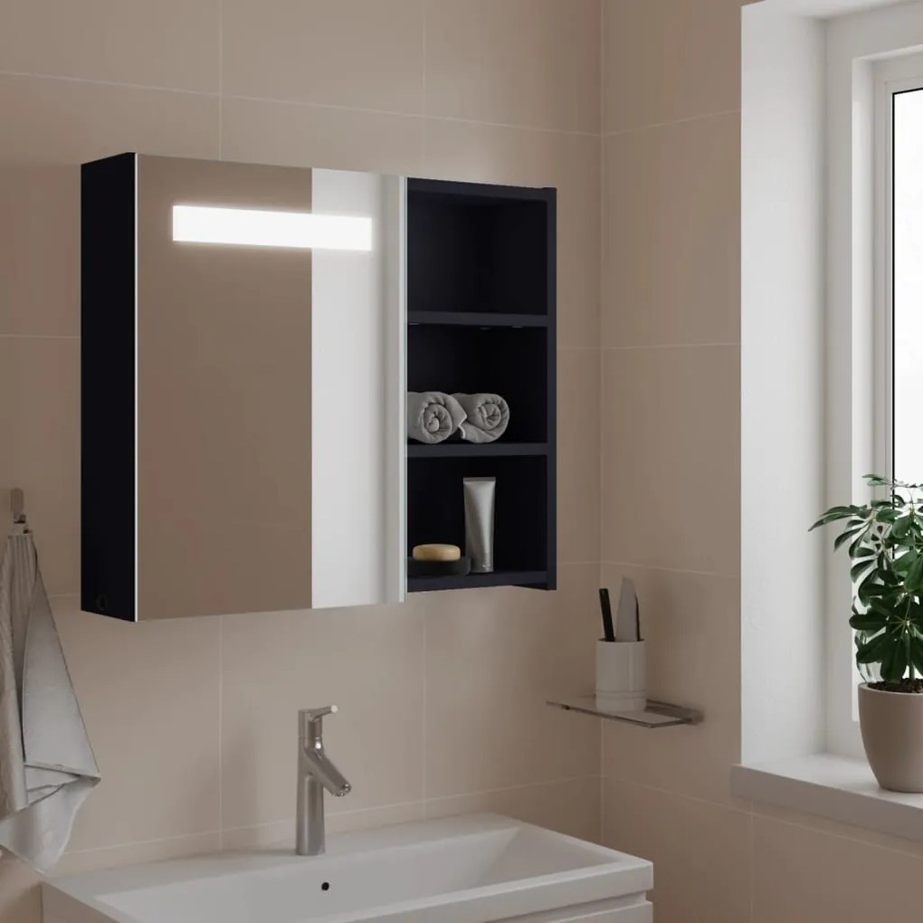 vidaXL Armário espelhado p/ casa de banho c/ LEDs 60x13x52 cm cinzento