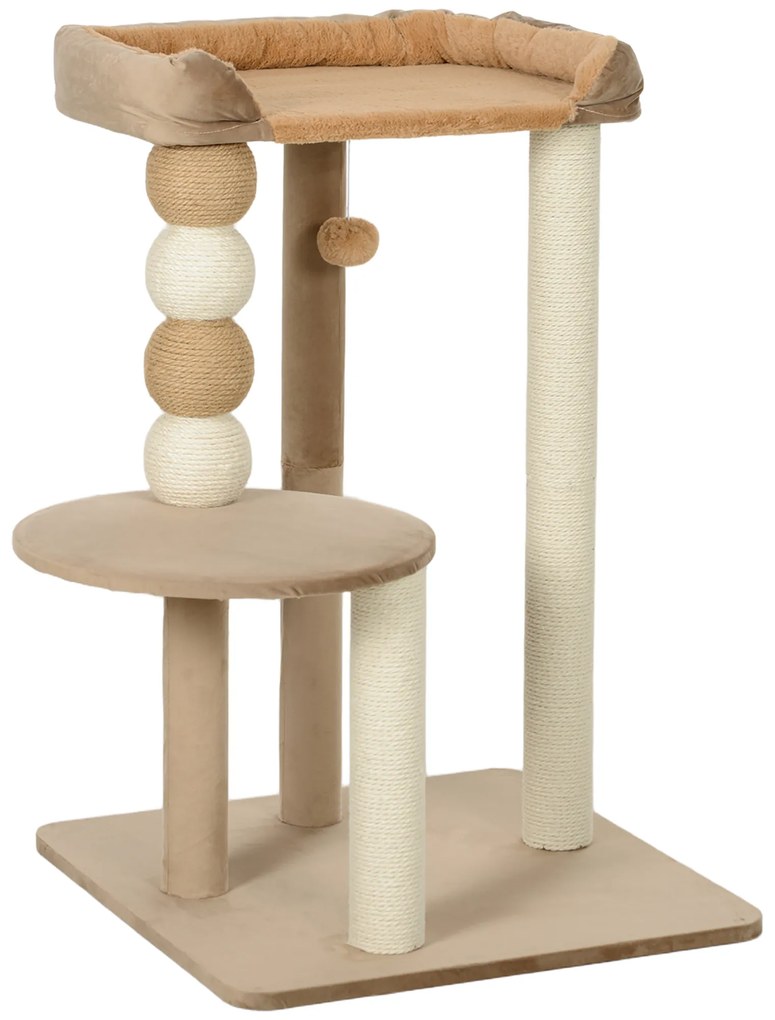 Arranhador para Gatos Arranhador para Gatos com Estofado em Borrego Plataformas Bola Suspensa e Poste de Juta 56x54x86 cm Castanho
