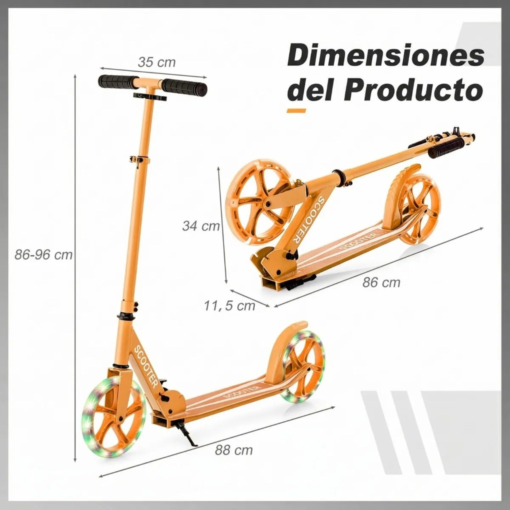 Trotinete para crianças com plataforma de alumínio, guiador ajustável em 3 posições e alça para crianças laranja