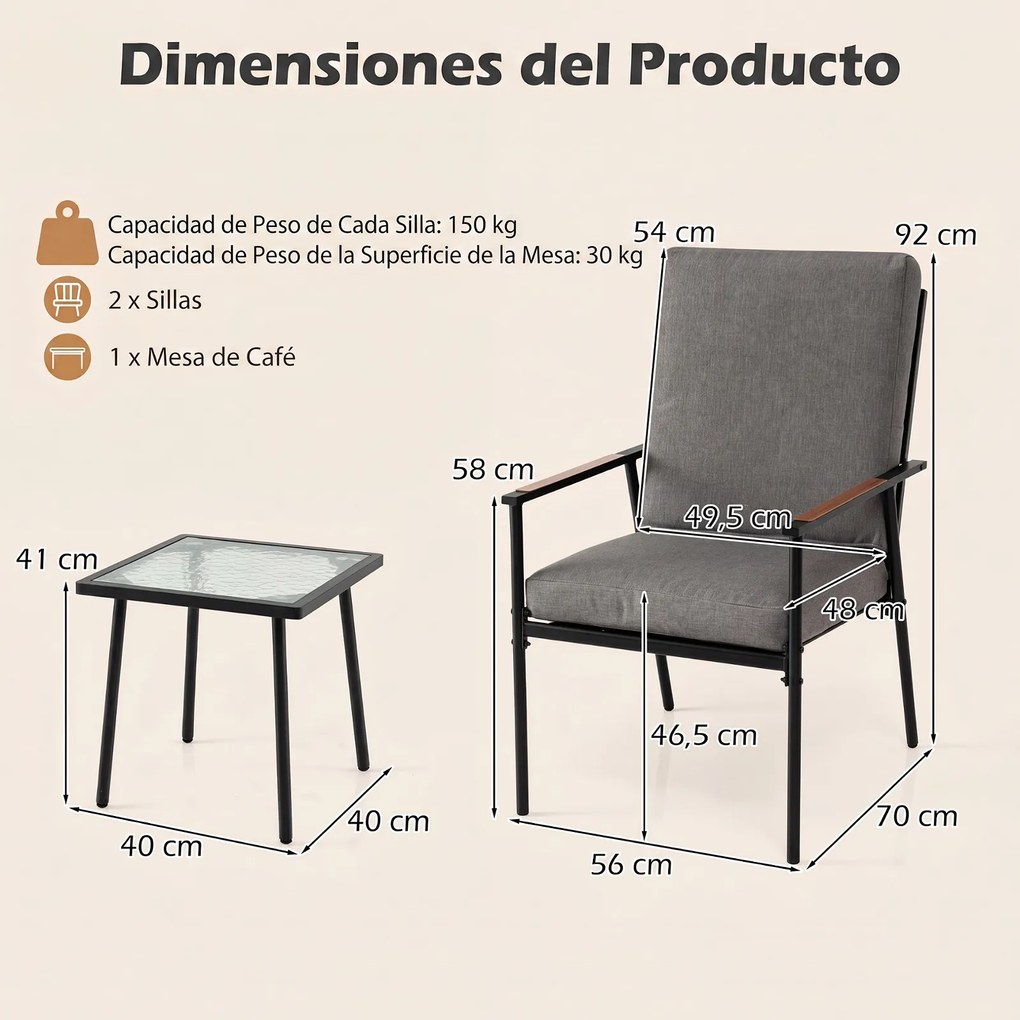 Conjunto de 2 Cadeiras de Jardim e Mesa Auxiliar, 71 x 56 x 93 cm, Estrutura em Aço, Preto+Cinza