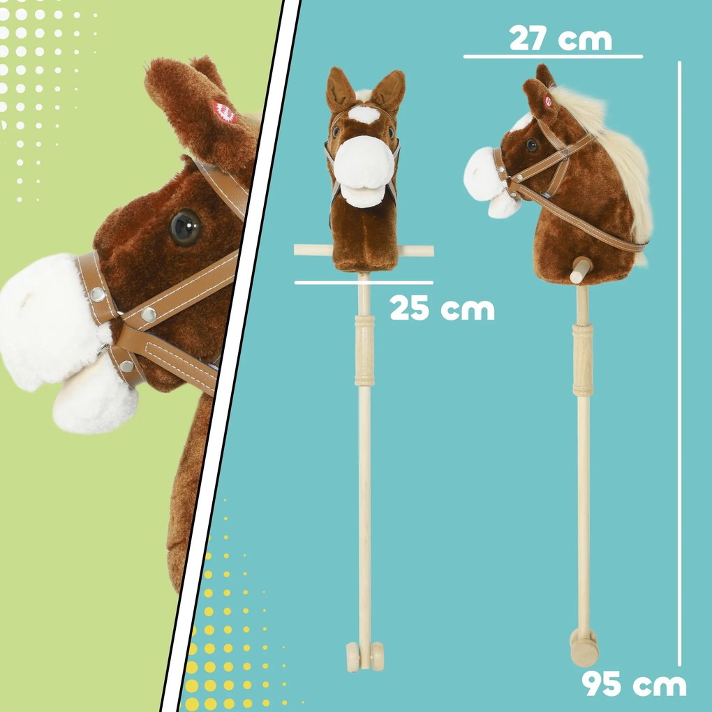 Cavalo com Pau de Madeira Sons e Rodas Cavalo de Brinquedo 95x25x27 cm Castanho