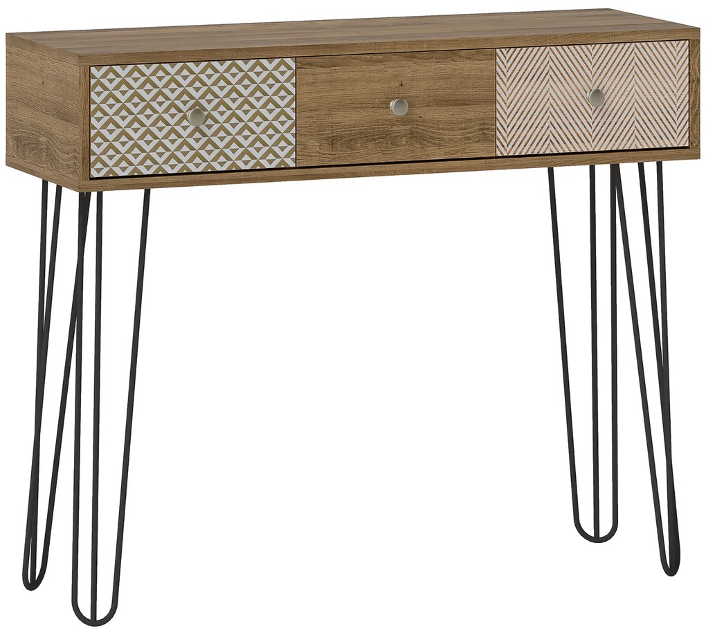 HOMCOM Mesa Consola com 3 Gavetas Consola Estreita para Entrada com Pés de Aço 90x30x75 cm Madeira | Aosom Portugal