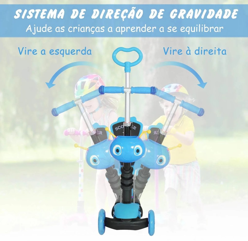 Trotinete 5 em 1 para crianças de acima de1 ano trotinete de 3 rodas com assento removível guiador ajustável 62x25x72,5 cm Azul