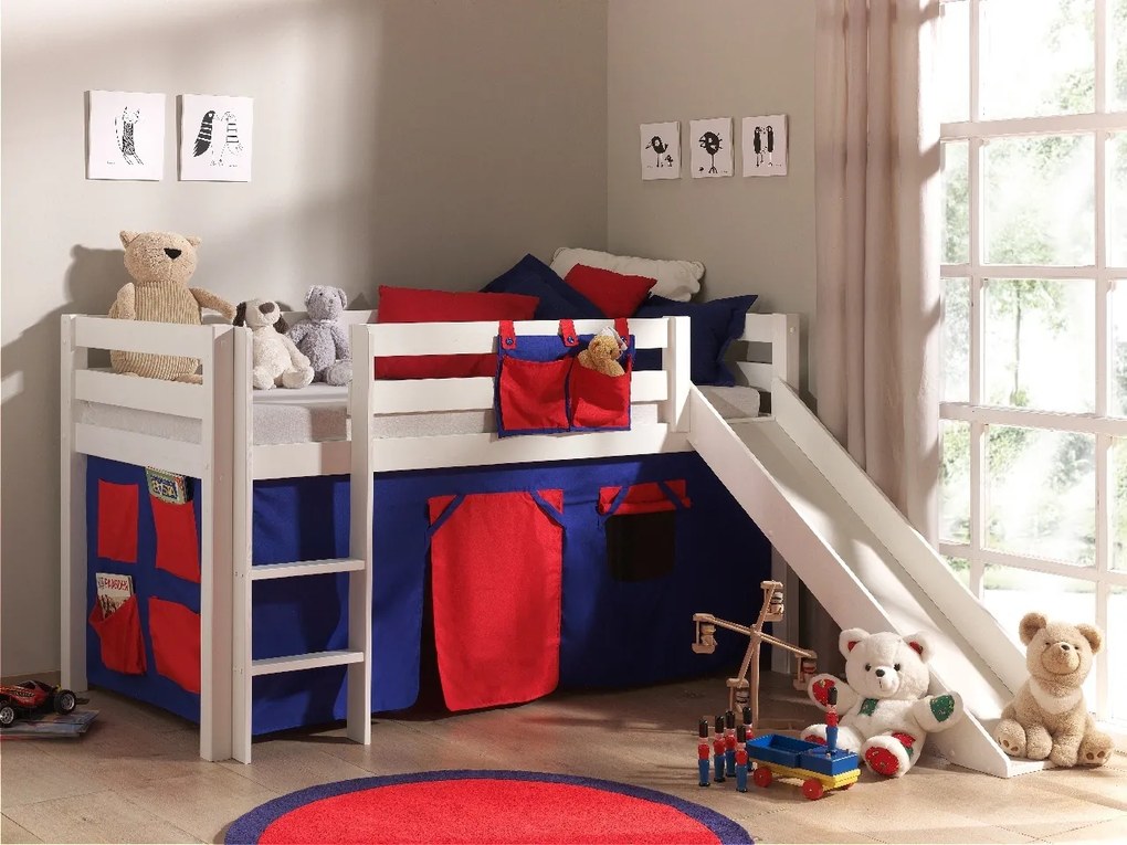 Conjunto Cama alta de Criança PINO 90 x 200 cm + estrado + escada + escorrega + cortina Domino Branca