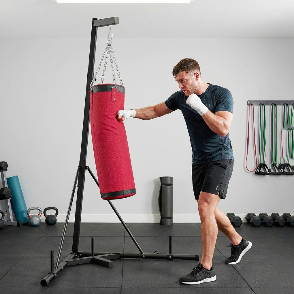 Suporte para Saco de Boxe de Pé em Aço, Altura Ajustável 175–220 cm e 185–231 cm, Base Pesada e Saco de Lona