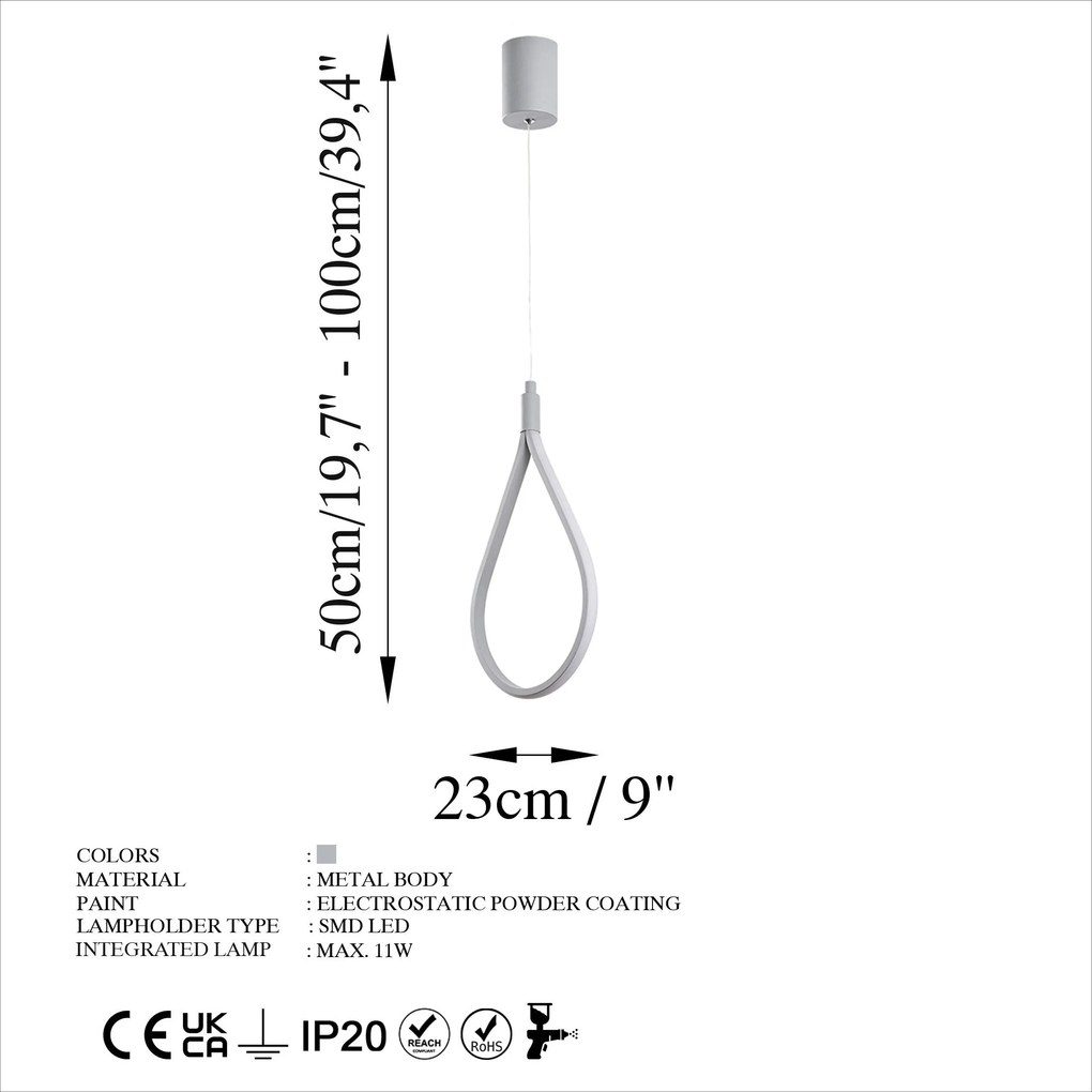 Candeeiro de Teto Damla – Cinzento – 23 cm x 50-100 cm x 10 cm