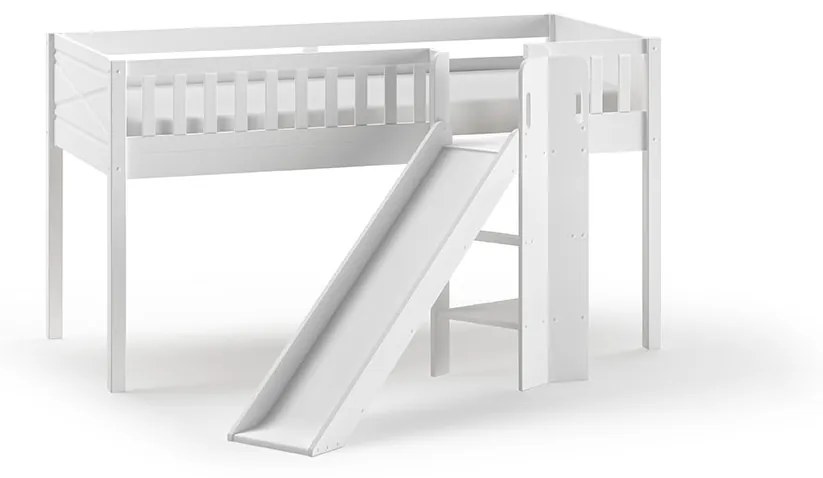 Conjunto cama Infantil SCOTT + escorrega + cortina de brincar ASTRO + Túnel + 3 bolsos de arrumação Branca