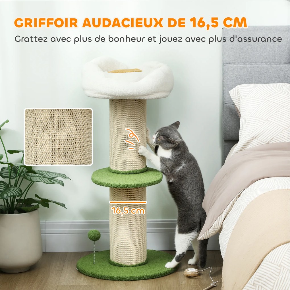 Arranhador para gatos  Ø 45 x 92 cm com flores, de 3 níveis, barril para arranhar, plataforma e poste com bola em sisal,, verde