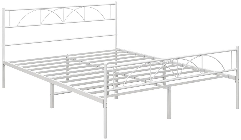 Cama de Casal 135x190 cm Com Cabeceira de Ripas de Aço e Espaço de Arrumação Debaixo da Cama Carga 330 kg Branca