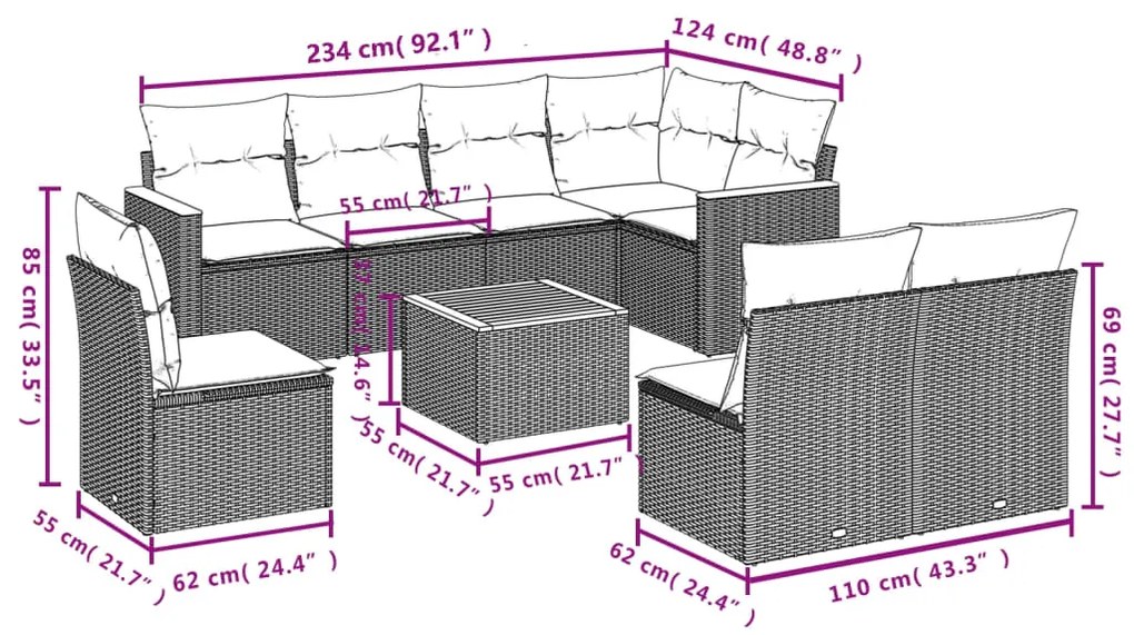 9 pcs conjunto de sofás p/ jardim com almofadões vime PE bege