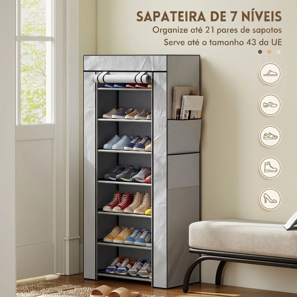 Sapateira de 7 Níveis em Aço com Capa em Tecido Não Tecido e 2 Bolsos, para 14-21 Pares, Cinzenta