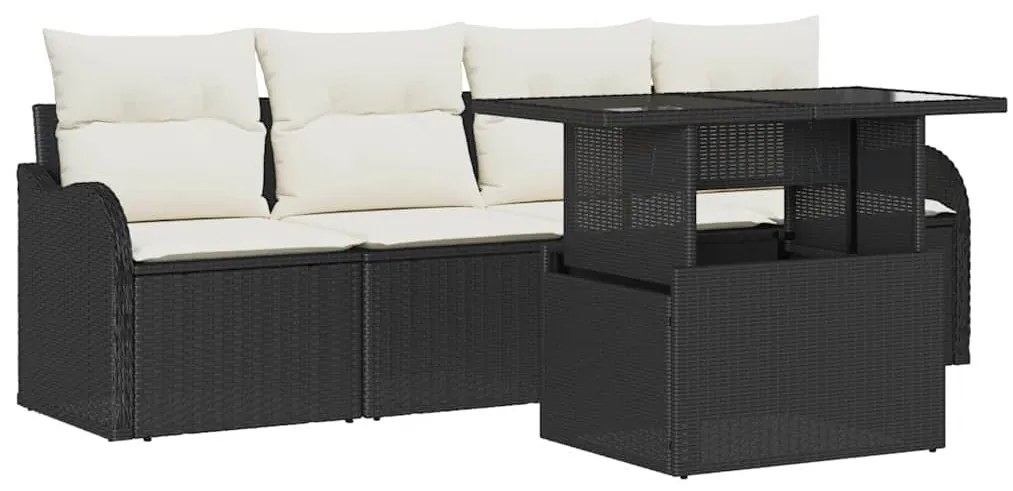 Conjunto Sofá Jardim 5 Peças Almofadas Preto Rattan Poliéster