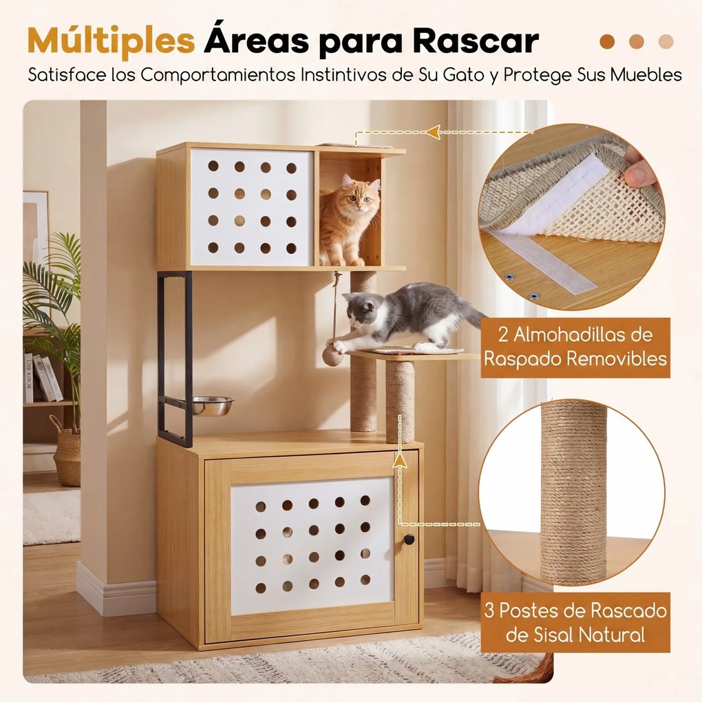 Arranhador para gatos 3 em 1 com vários níveis 72 x 43 x 117,5 cm, postes de sisal, condomínio, zona de refeições, bola suspensa, recinto e caixa de