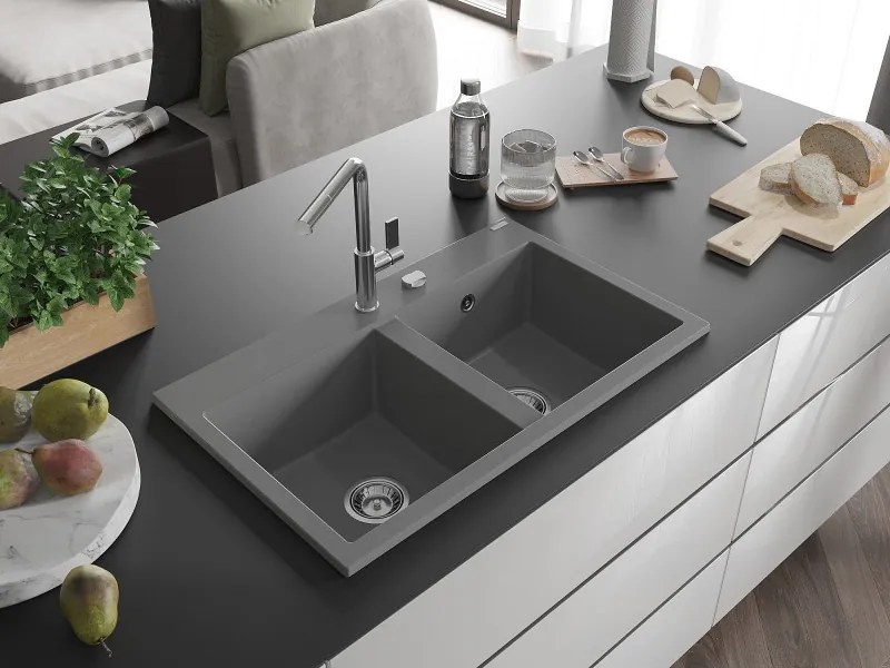 Mexen Hektor lava-loiça de granito com 2 cubas 800 x 480 mm, cinza, sifão cromado - 6521802000-71