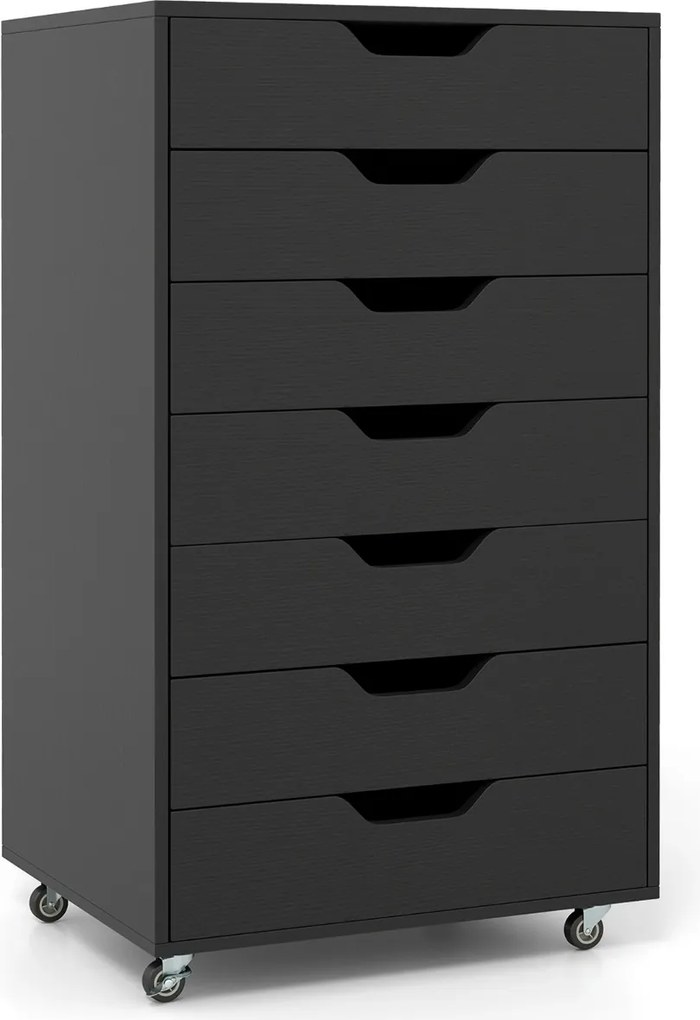 Bloco de armazenamento escritório 49 x 40 x 87 cm com 7 gavetas com 4 rodas universais Arquivo vertical de madeira com rodas preto