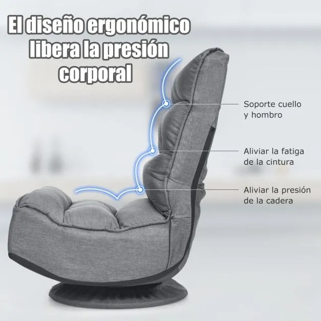 Cadeira giratória de chão nivelado 360° ajustável em 5 posições para adultos Jogos de vídeo Ler Ver televisão 59 x 75 x 83 cm Cinzenta