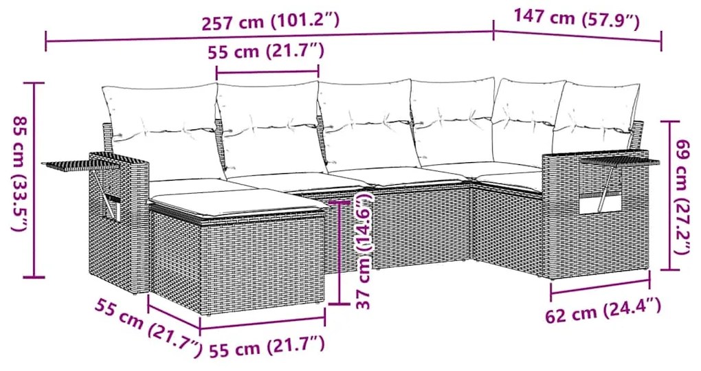 7 pcs conjunto de sofás p/ jardim c/ almofadões vime PE preto
