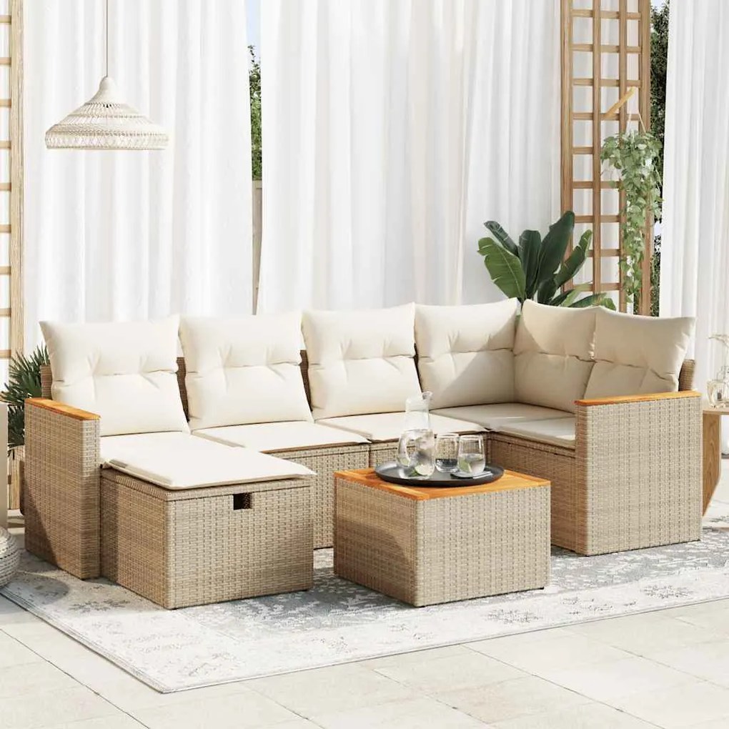 vidaXL 7 pcs conjunto de sofás p/ jardim com almofadões vime PE bege