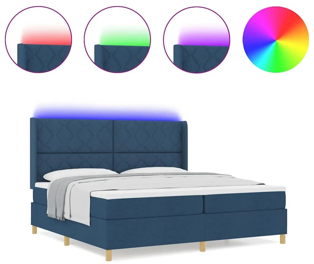 Cama Box com Colchão &amp; LED Azul 200x200 cm Tecido