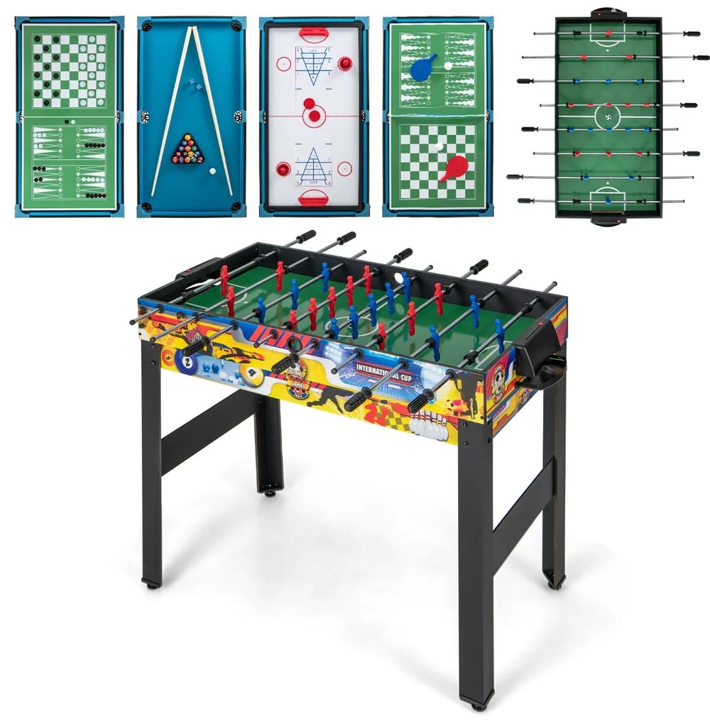 Conjunto de Jogos para crianças 12 em 1 com mesa de hóquei em ar, mesa matraquilhos, mesa de ténis de mesa, xadrez, bowling e shuffleboard 121 x 105 x