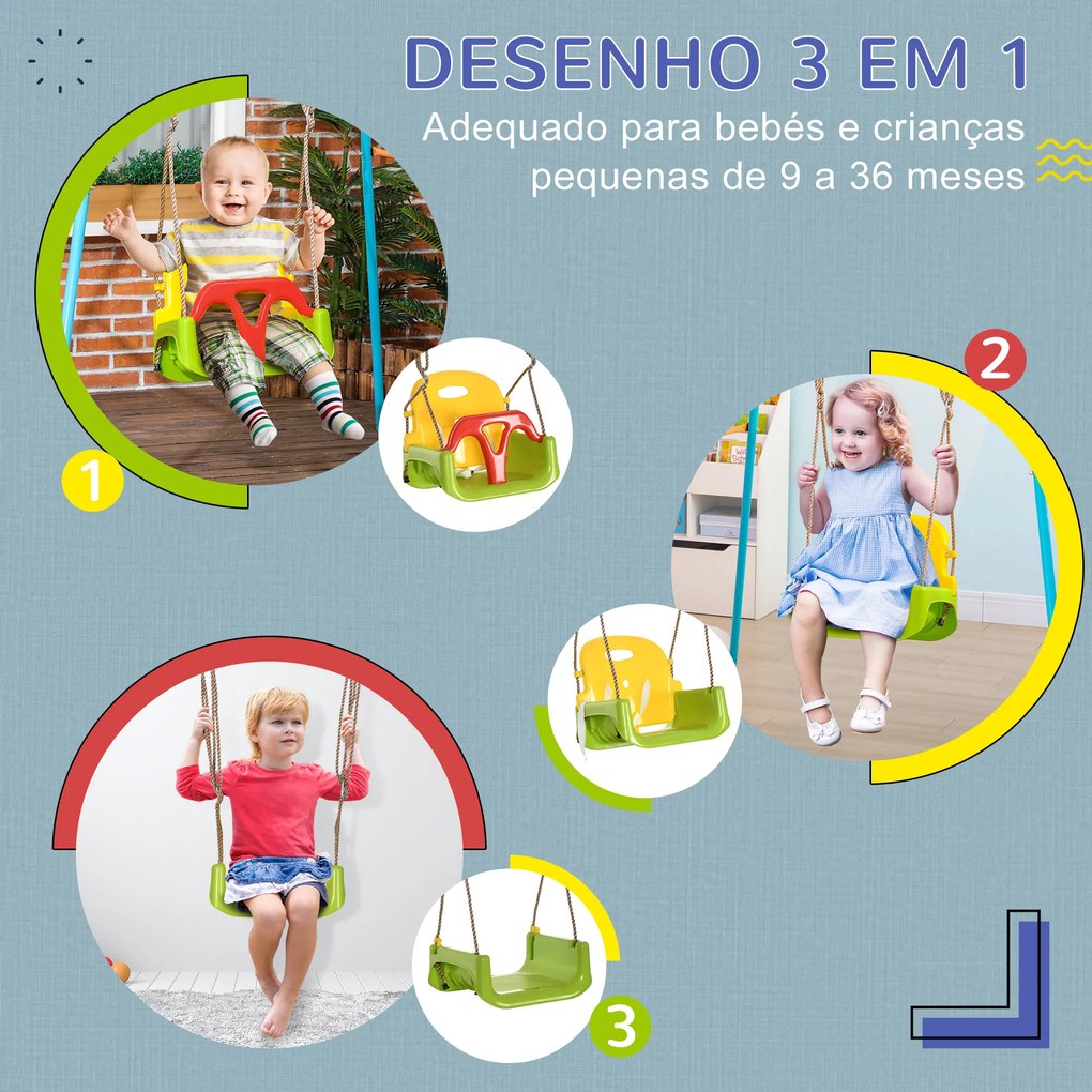 Outsunny Baloiço para Bebé 3 em 1 com Encosto Desmontável Cordas Ajustáveis e Barra em T Baloiço Infantil para Crianças de 9-36 Meses para Interior e Exterior 42x33x120-180 cm Multicor