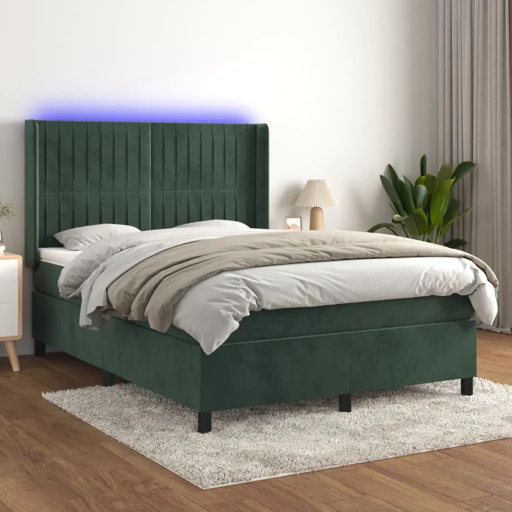 vidaXL Cama box spring c/ colchão/LED 140x190 cm veludo verde-escuro