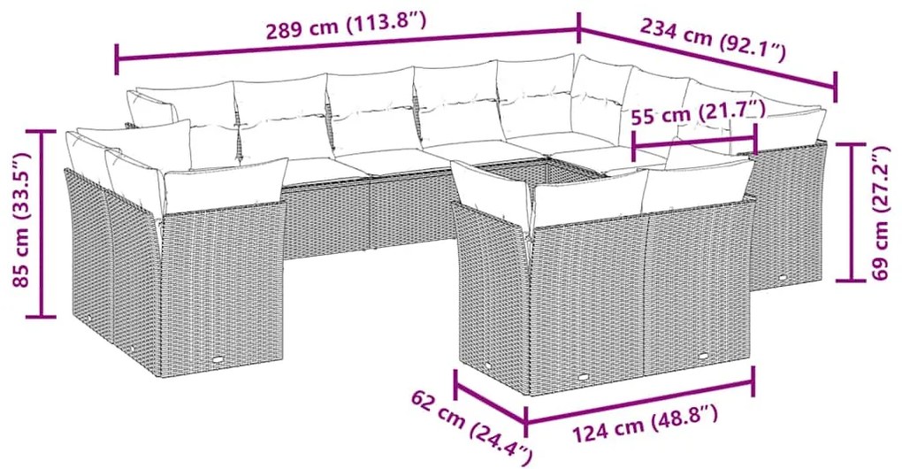12 pcs conjunto de sofás jardim com almofadões vime PE castanho