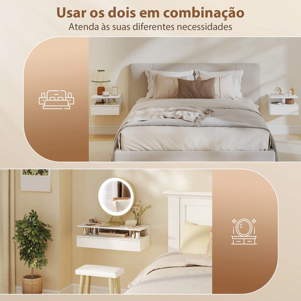 Conjunto de Mesas de Cabeceira Suspensas com Gaveta Montadas na Parede 35x32x22,5 cm Branco