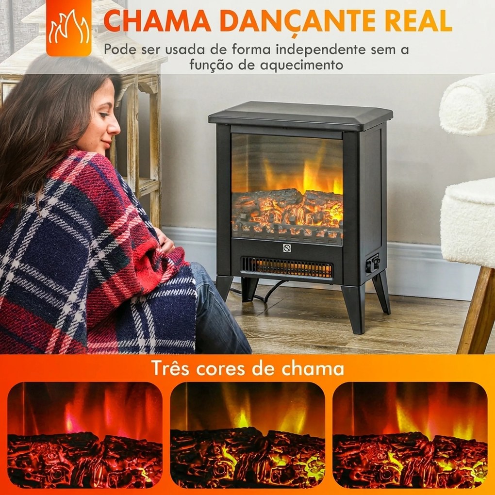 Lareira Decorativa Independente 1800 W com Efeito de Chama LED Baixo Ruído e Proteção contra Sobreaquecimento Preto