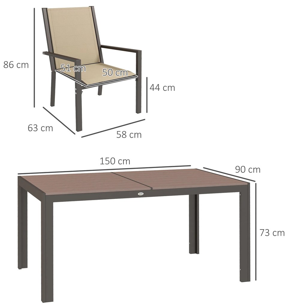 Conjunto de Móveis de Exterior de 7 Peças Mesa e 6 Cadeiras de Jardim com Cadeiras Empilháveis e Estrutura de Aço Cáqui