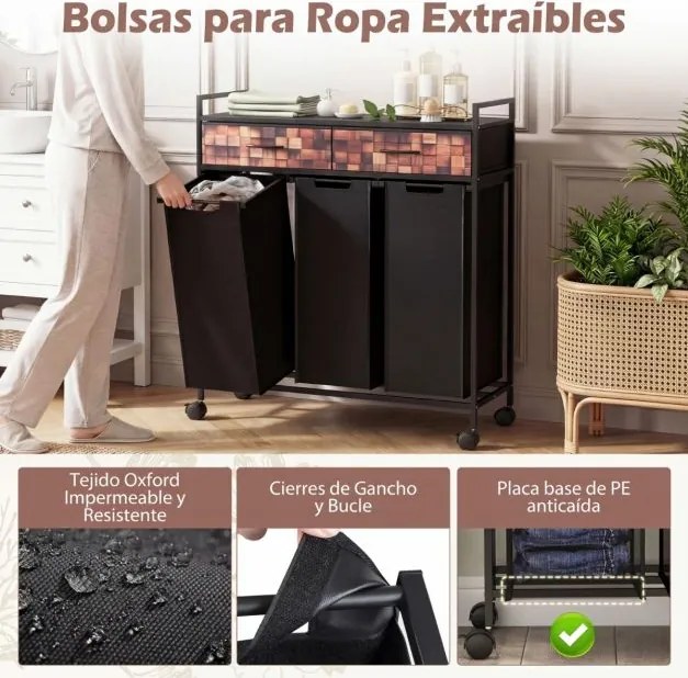 Carrinho para roupa suja com 3 compartimentos 92,5 x 33 x 97,5 cm, 135 L, com rodas, 3 sacos removíveis e 2 gavetas em tecido Oxford para casa de banh