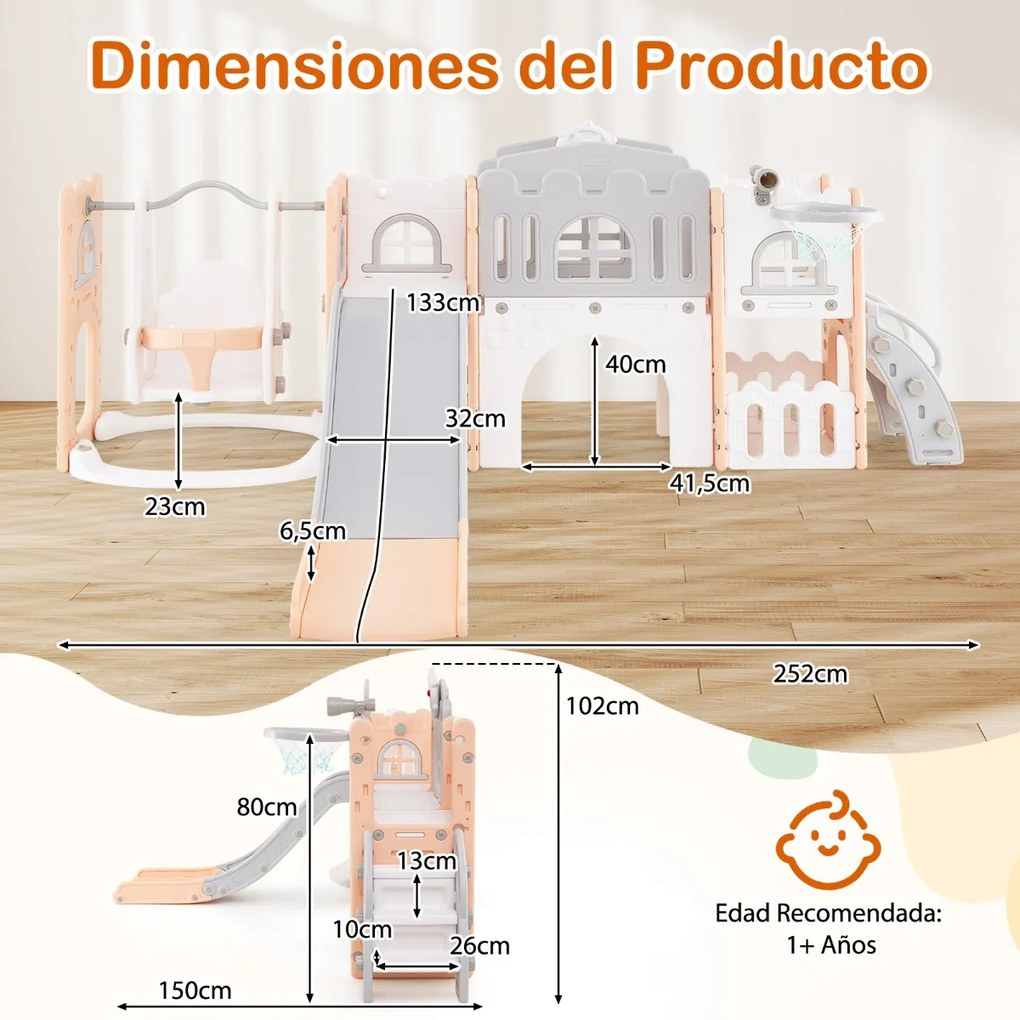 Conjunto de baloiço e escorrega 10 em 1 para crianças com cesto de basquetebol telescópico e corredor infantil Cinza + Rosa
