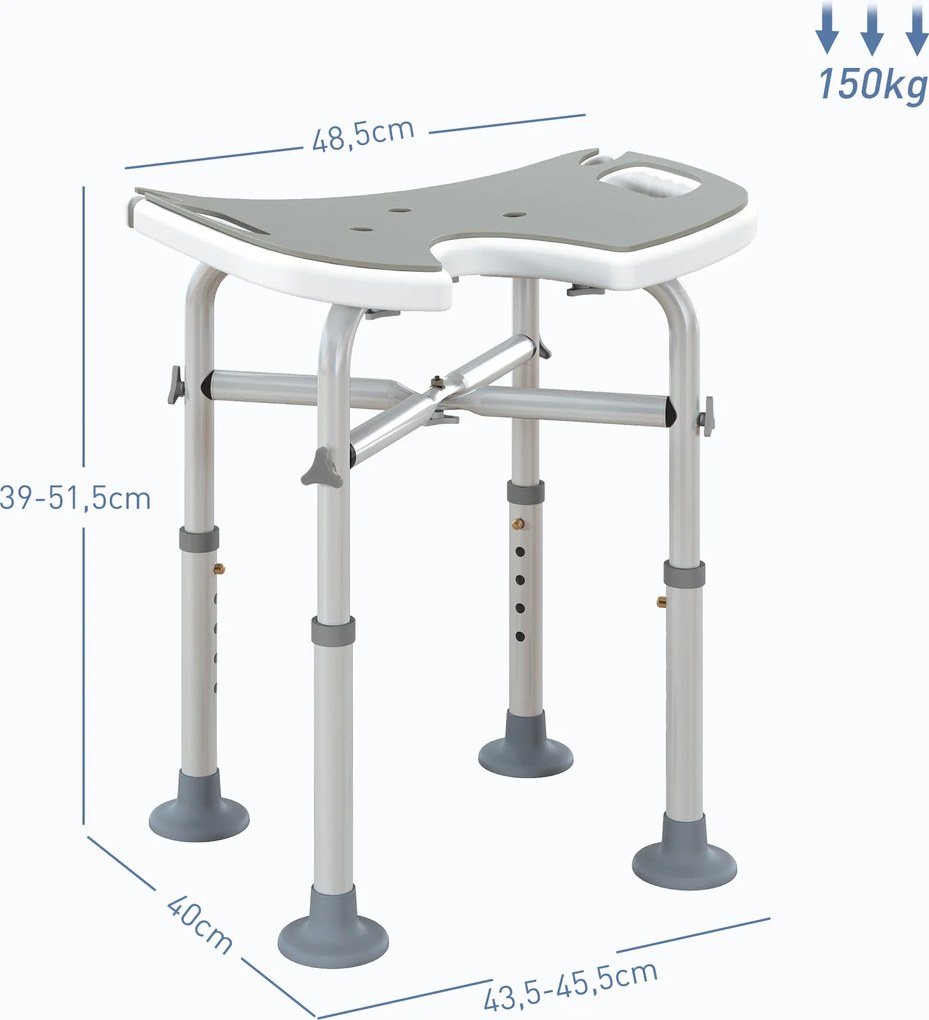 Banco de duche com assento, altura ajustável de 39 a 51,5 cm, barra de apoio com ventosas e patins com ventosas, cinzento