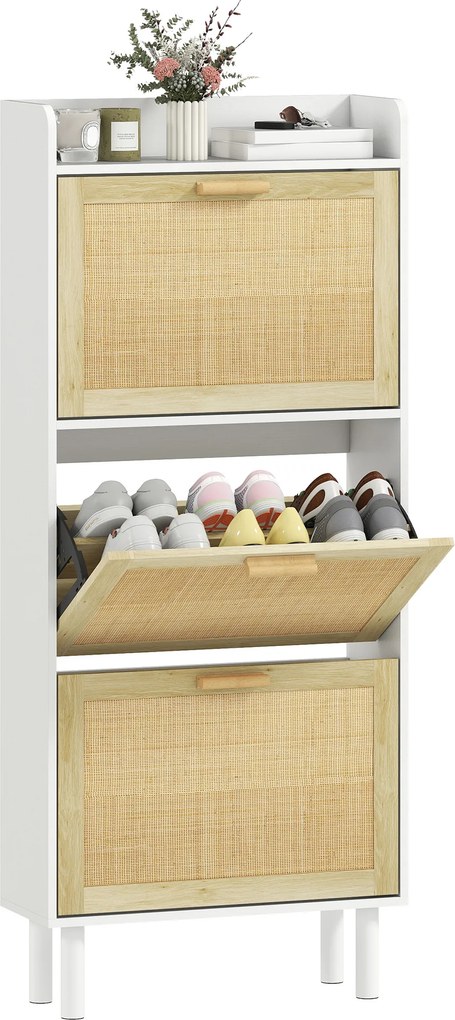 Sapateira com 3 portas basculantes e prateleira com efeito de resina trançada, estilo boémio, 65 x 24,5 x 153 cm, branco