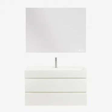 Conjunto De Móvel De Casa De Banho Suspenso Em Madeira E Folha De Freixo Com Lavatório Integrado Ona Branco & Retangular Led - Sklum