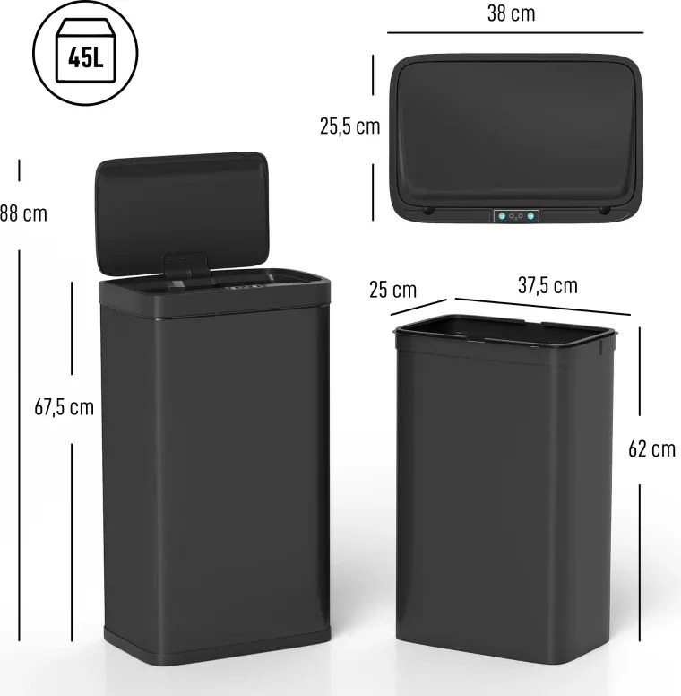 Balde do Lixo de Cozinha Automático 45 L com Sensor Infravermelho Fecho Suave 38x25,5x67,5 cm Preto