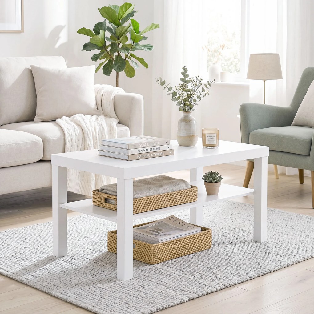 Mesa de Centro Mesa de Café para Sala com Prateleira Aberta Tampo Grosso para Sala Escritório 90x45x44,5 cm Branco