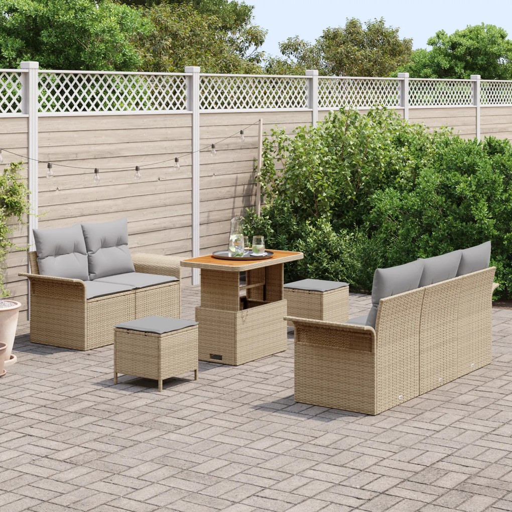 Conjunto de Sofá de Jardim de 8 Peças com Almofadas Bege Rattan Acácia