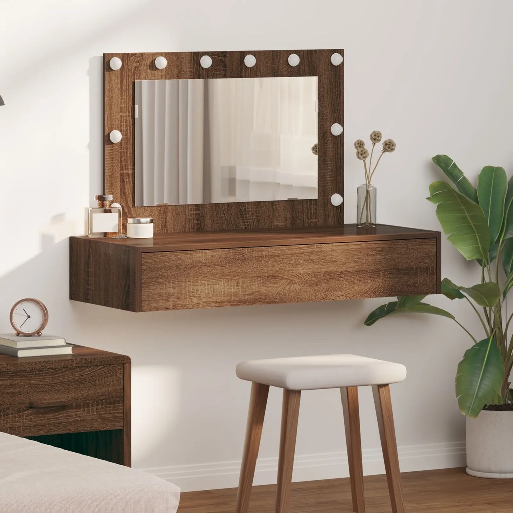 Mesa de Maquilhagem de Parede  com Luzes LED Carvalho Castanho