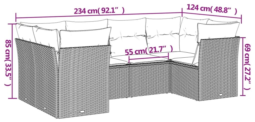 6 pcs conjunto de sofás jardim c/ almofadões vime PE castanho