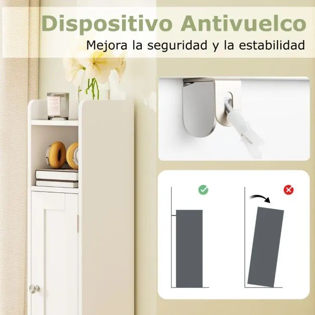 Armário estreito para casa de banho com porta e prateleiras ajustáveis, suporte para rolo de papel higiénico 18 x 19,5 x 80 cm Branco