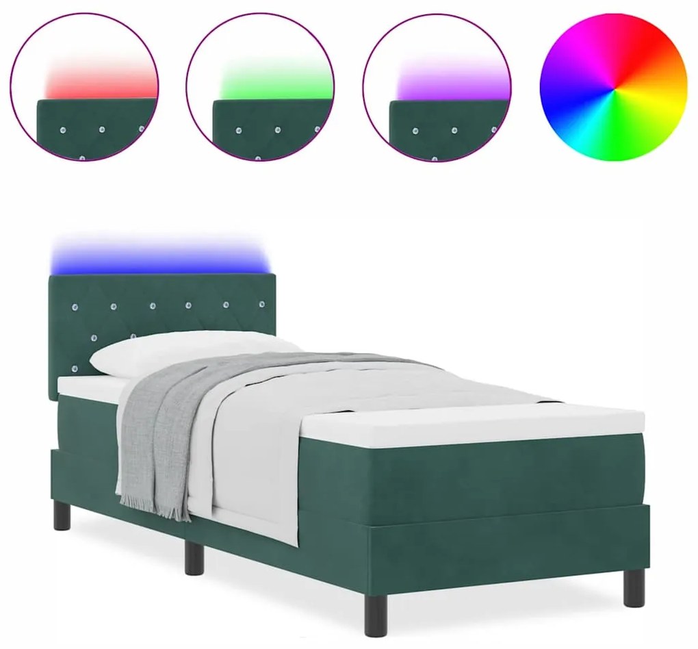 Cama Box Spring com Colchão e LED Verde Escuro 80x200 cm Veludo