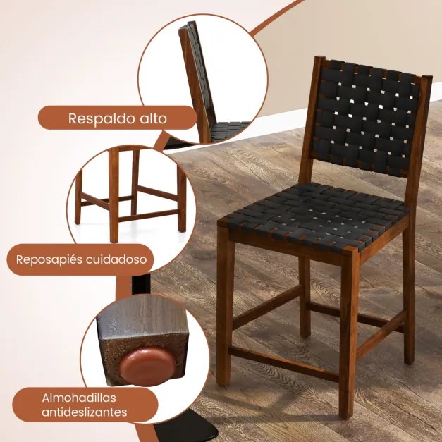 Conjunto de 2 bancos de bar de madeira com alças de couro PU e encosto confortável para cozinha, bar e restaurante 52 x 58,5 x 101 cm Castanho