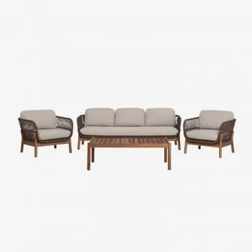 Conjunto De Jardim Com Sofá De 3 Lugares, 2 Poltronas E Mesa De Centro Em Madeira De Acácia E Corda Trançada Karvia Castanho Acácia & Tecido Castanho