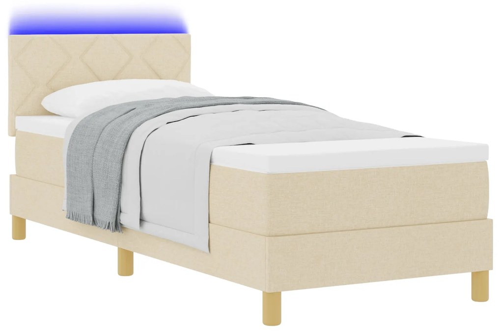 Cama Box Spring com Colchão &amp; LED Creme 80x200 cm Tecido